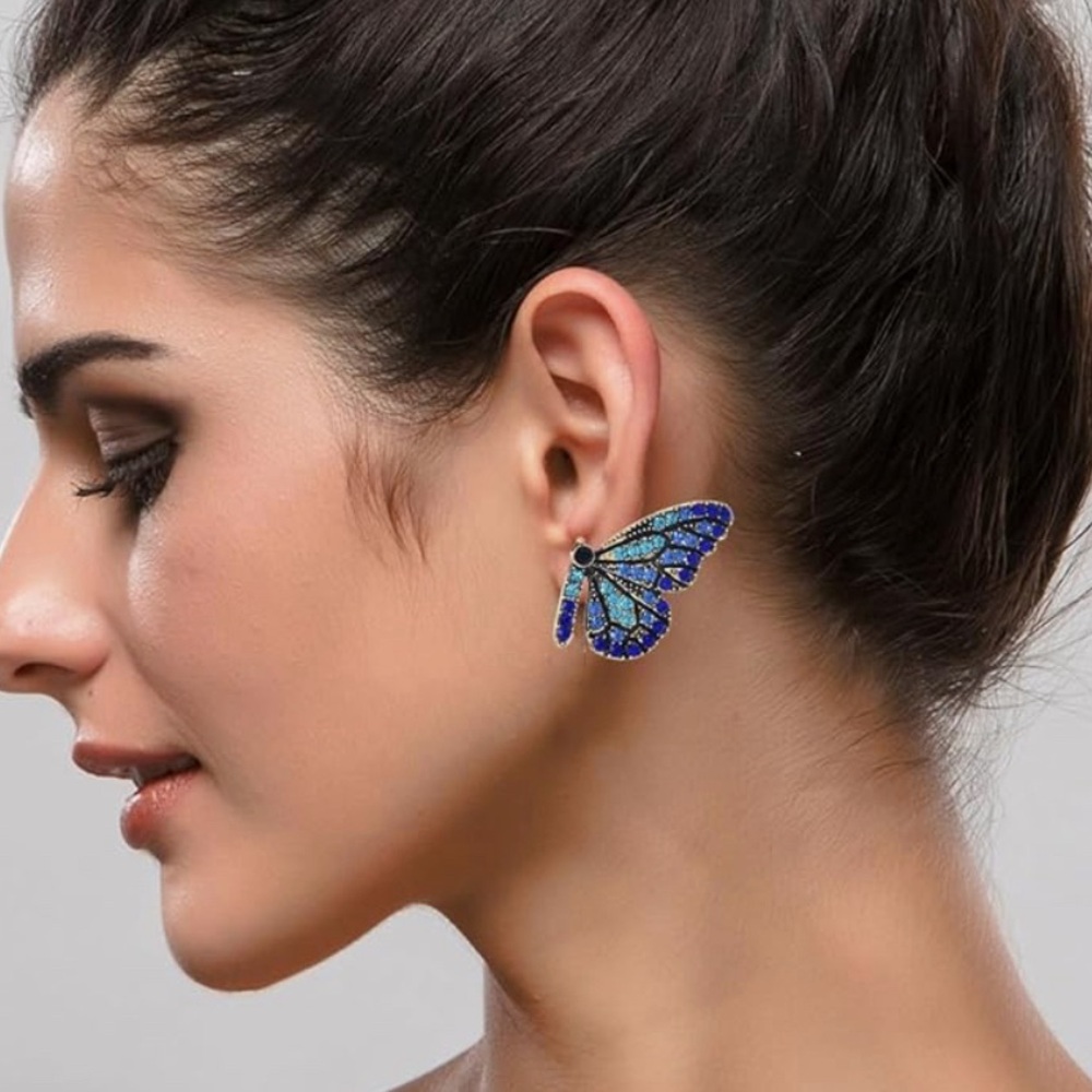Earring Blue Butterfly Wing Rhinestone Post - Picture 7 of 8